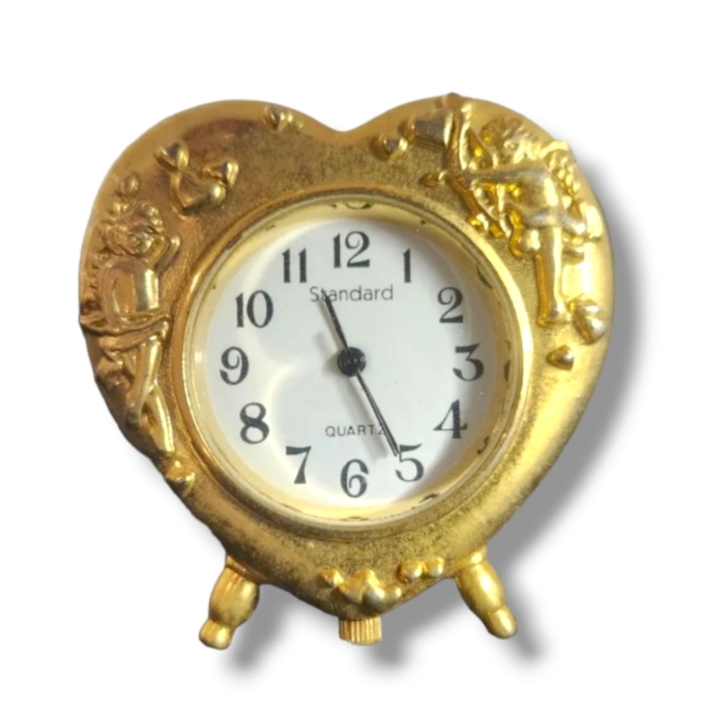Collectible Miniature Brass Valentine Heart Desk Clock Quartz